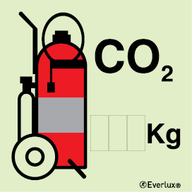 CO2 Wheeled fire extinguisher IMO sign - This sign can be customized with the appropriate extinguisher agent capacity - S 13 82