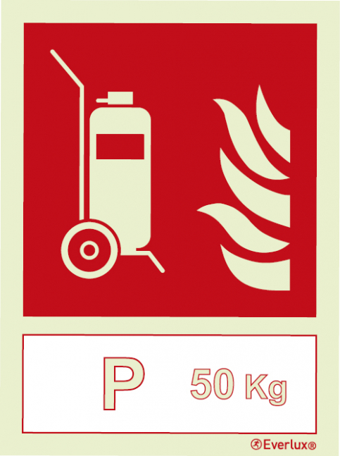 Wheeled fire extinguisher sign with integrated 50 Kg Powder fire extinguishing agent ID sign - S 22 58