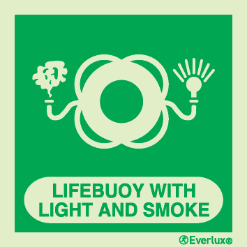 Lifebuoy with light and smoke IMO sign with supplementary text - S 43 56